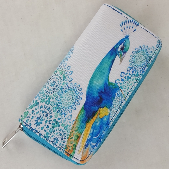 NWOT Peacock Wallet Clutch White Teal and Yellow - Picture 2 of 6